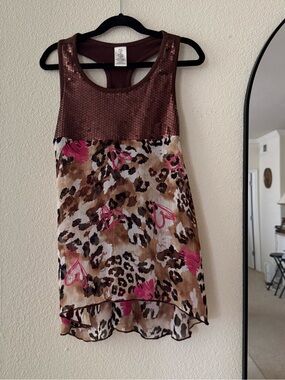2010s McBling Sequin Leopard Heart Racerback Tunic Top Brown Pink Y2K